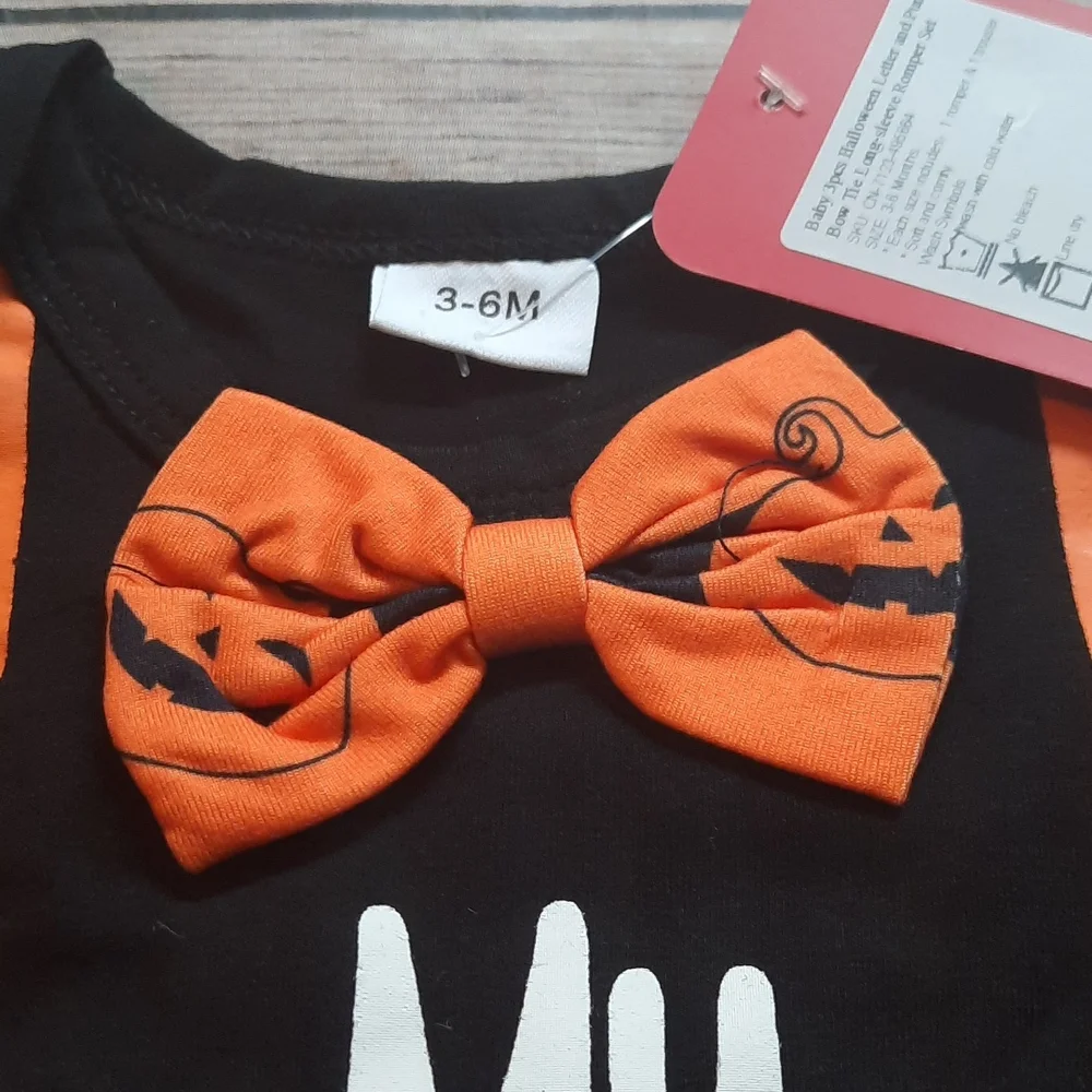 NWT My First Halloween Baby Boy Outfit Set 3PC Pumpkin Bodysuit Pants & Hat 3-6M